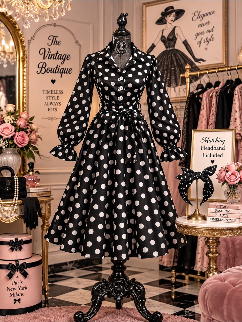 Custom Made 1950s Inspired Rockabilly Black & White Polka Dot Swing Dress